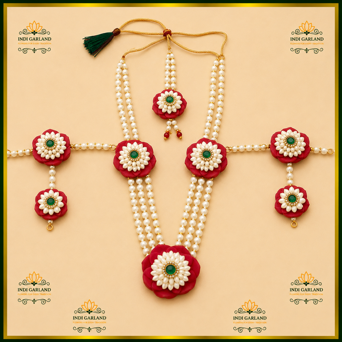 Laal Kusum – Natural Fresh Kolkata Jasmine & Red Rose Petal Full Floral Jewellery Set