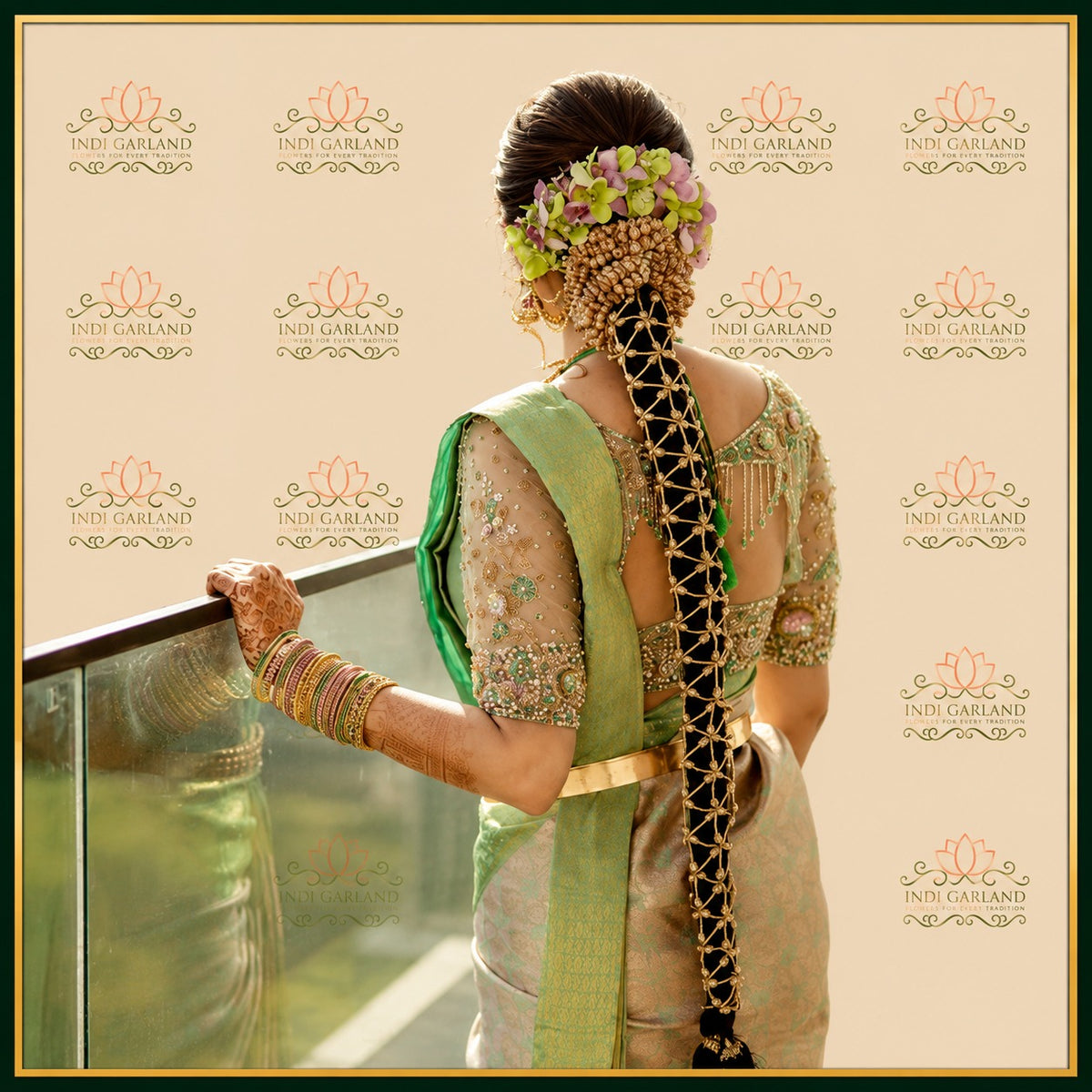 Sabz Noor Jaal – White & Green Orchid, Kolkata Jasmine Diamond Designer Floral Hair Arrangement