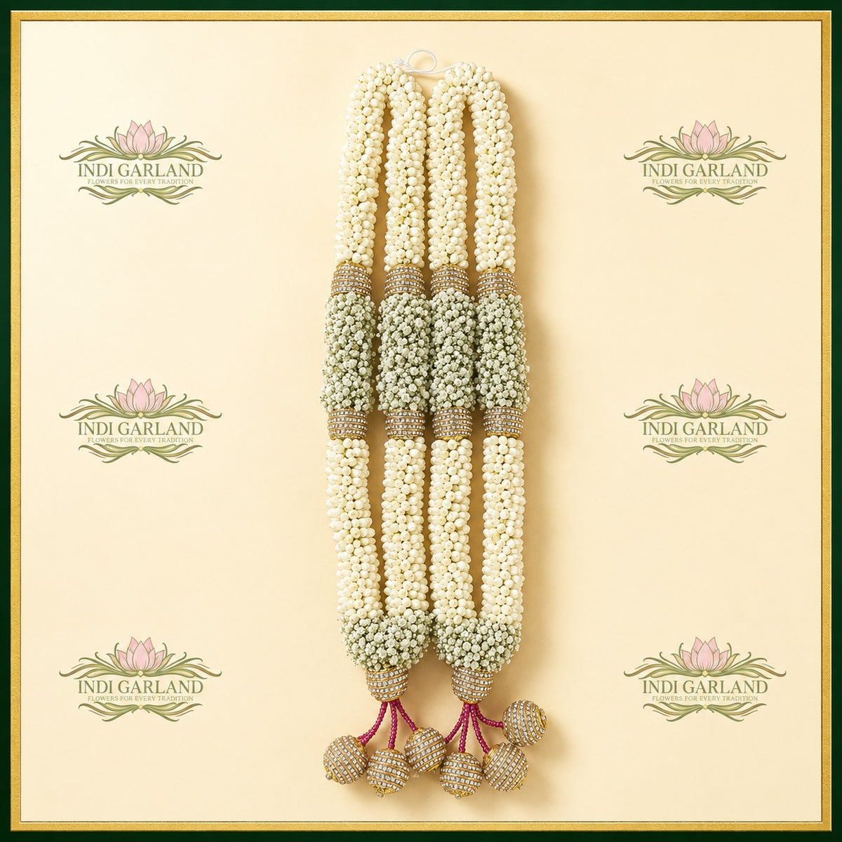 Zahra Shringar Mala – Set of 2 Kolkata Jasmine & Gypso Designer Garlands with Gold Ball Tassels