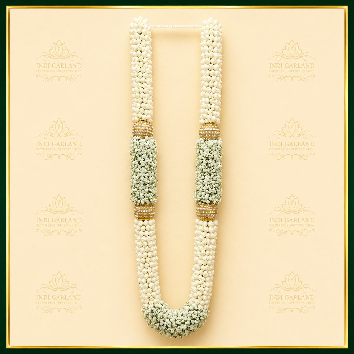 Aaradhya Mala – Set of 2 Kolkata Jasmine & Gypso Designer Garlands with Gold Ball Detailing