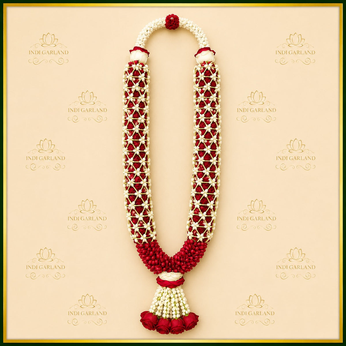 Afsheena Garland – Red Rose Petals & Kolkata Jasmine Diamond-Net Designer Luxury Floral Garland Set