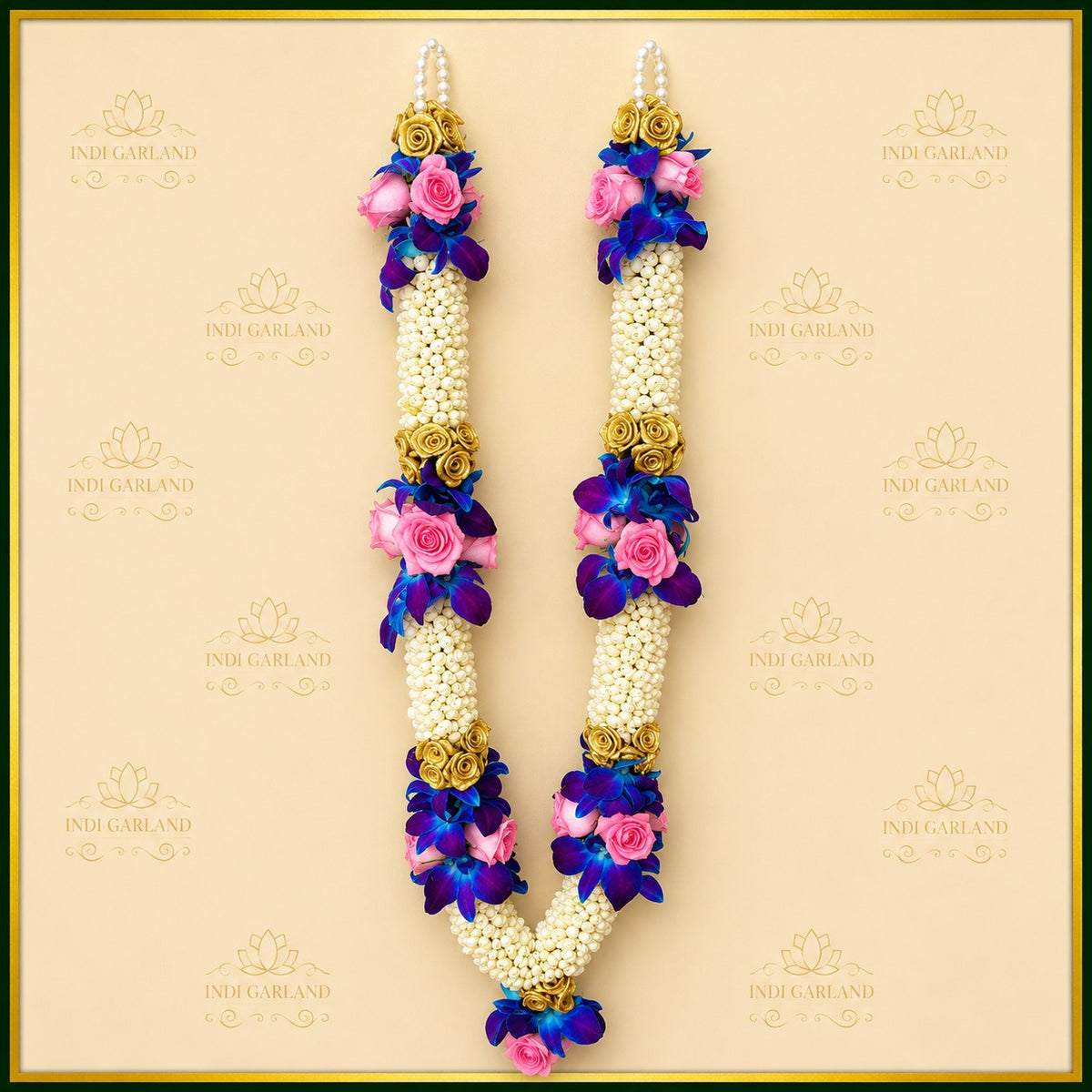 Gulthara Garland – Kolkata Jasmine, Pink Rose, Blue Orchid & Gold Rose Fresh Floral Garland Set