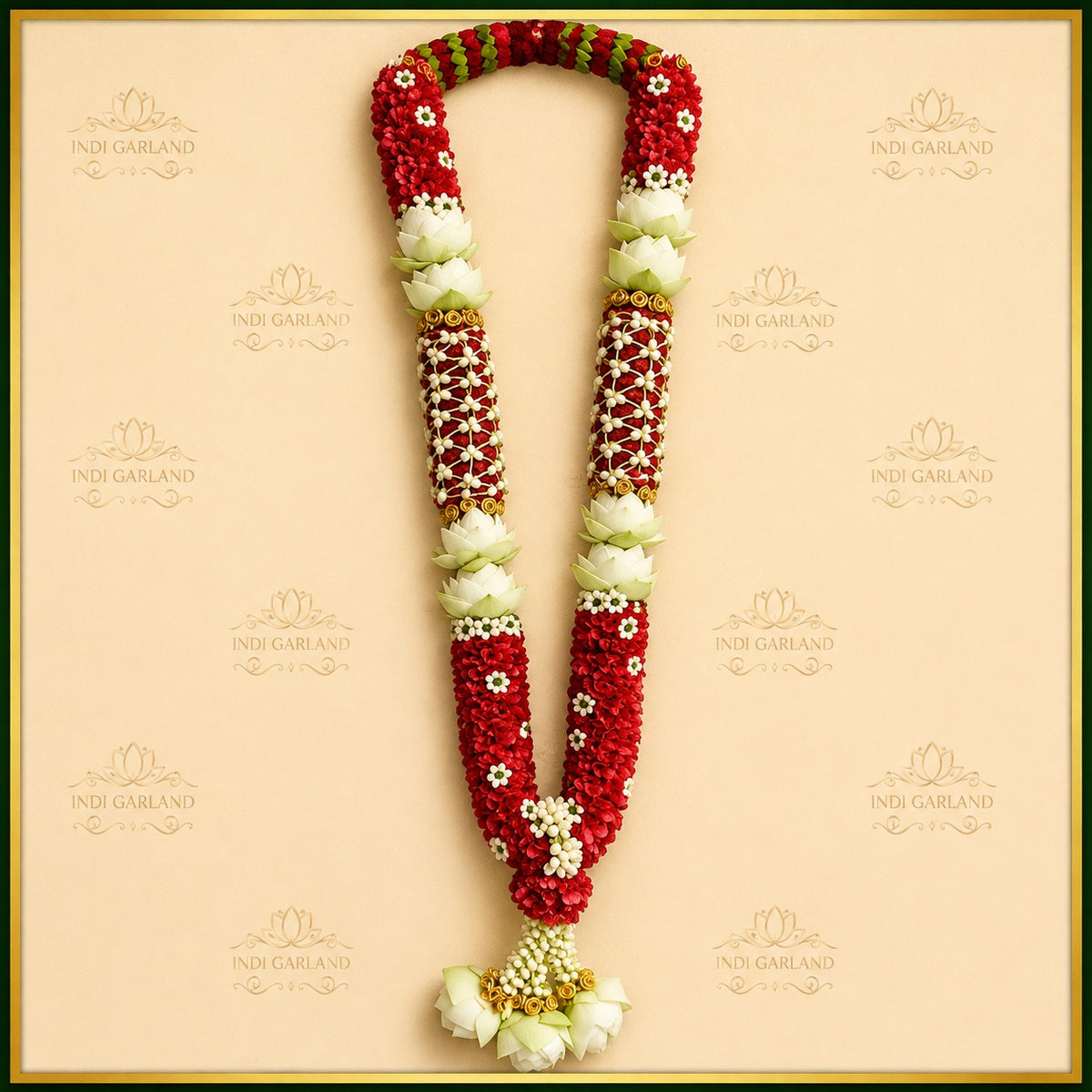 Zareenmala Garland – Red Carnation, White Lotus & Kolkata Jasmine Diamond Net Luxury Designer Garland Set