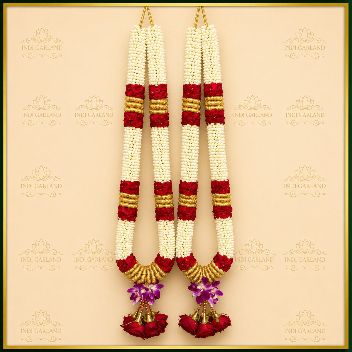 Kalyani Garland – Kolkata Jasmine, Red Button Rose & Purple Orchid Gold Luxury Designer Garland Set