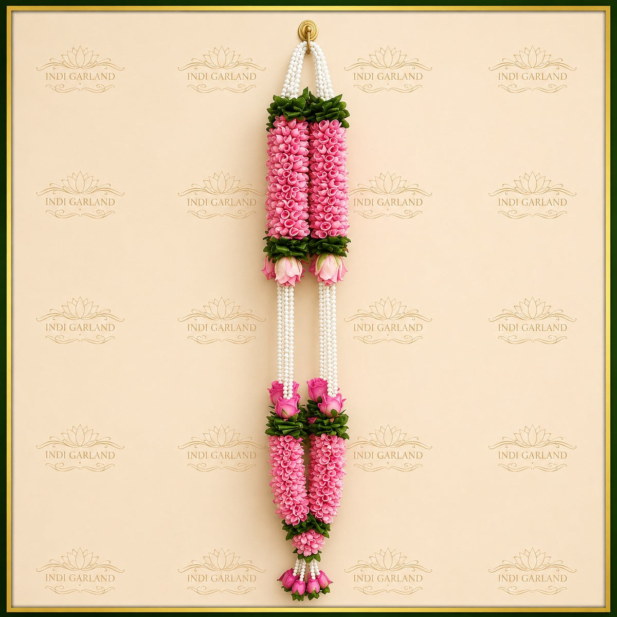 Madhurima Garland – Dark Pink Rose Petals with Green Leaves & Pearl Detailing Designer Luxury Garland Set