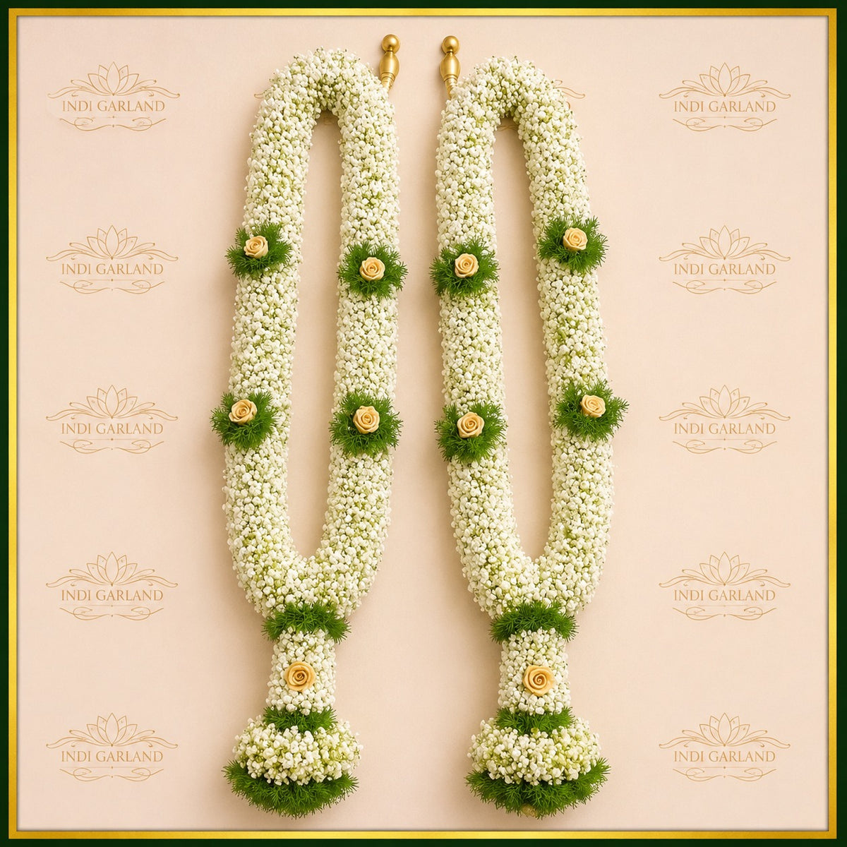 Swarna Valli Garland – Gypsophila with Green Leaves & Gold Tissue Designer Luxury Garland Set