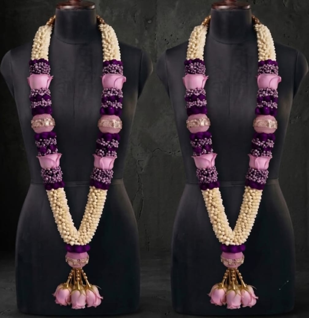 Gulrez Garland – Kolkata Jasmine, Sweet Pink Rose & Gypsophila Designer Luxury Garland Set