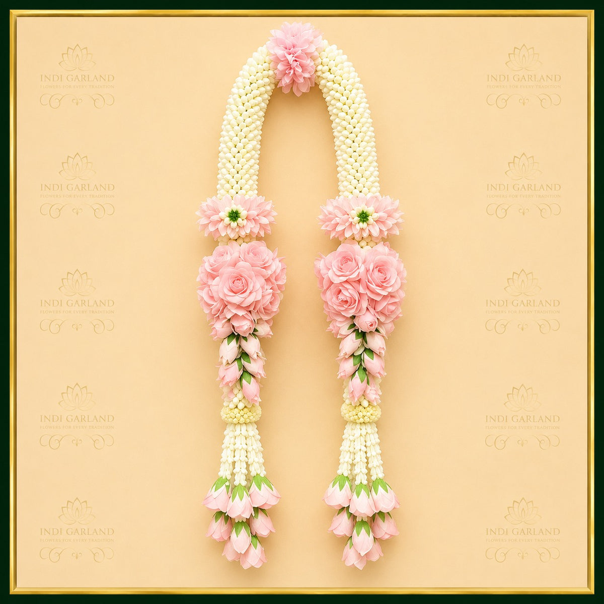 Aaradhya Garland – Set of 2 Kolkatta Jasmine & Light Pink Rose Open Designer Luxury Fresh Flower Wedding Garlands