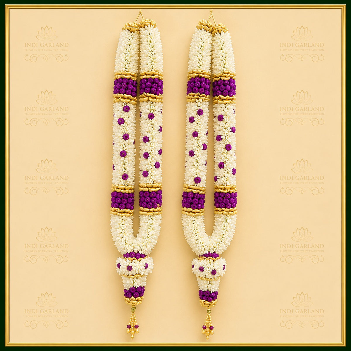 Vaidehi Garland – Set of 2 Tuberose & Rudrakshi Purple Dot Designer Luxury Fresh Flower Wedding Garlands