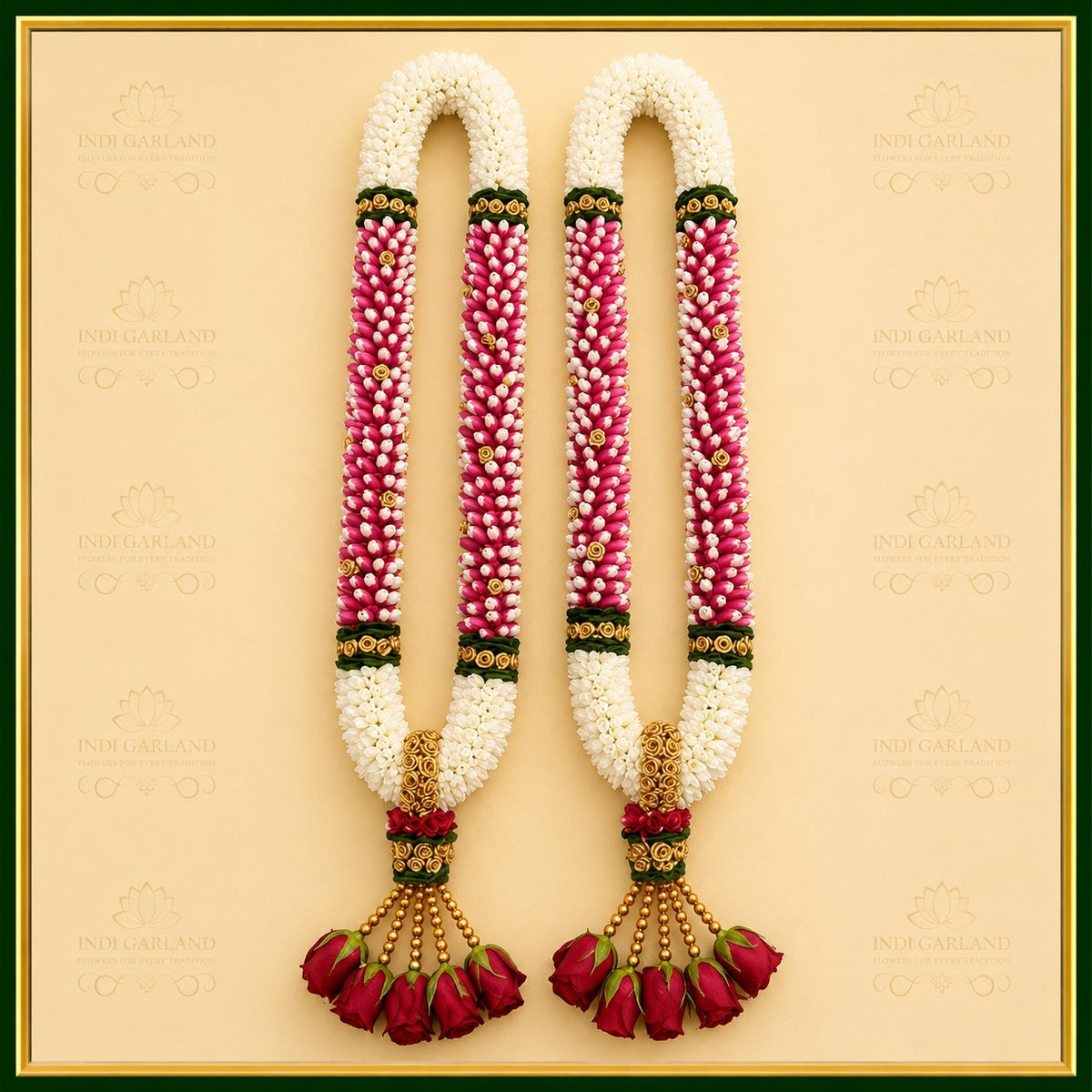 Rajnandini Garland – Set of 2 Kolkatta Jasmine & Red Rose Wrapping Design Luxury Fresh Flower Wedding Garlands