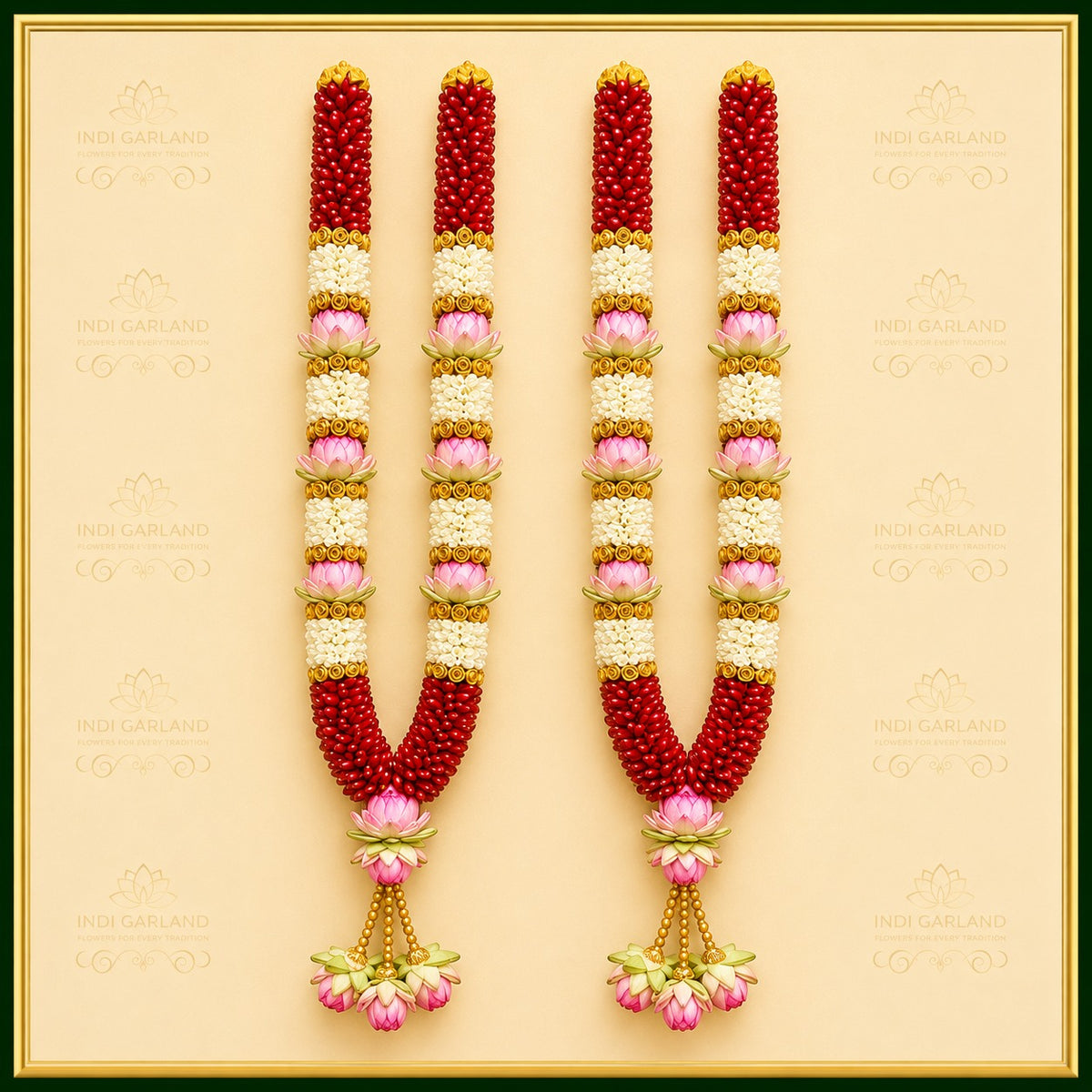 Prisha Garland – Set of 2 Red Rose Petals, Tuberose & Pink Lotus Designer Luxury Fresh Flower Wedding Garlands