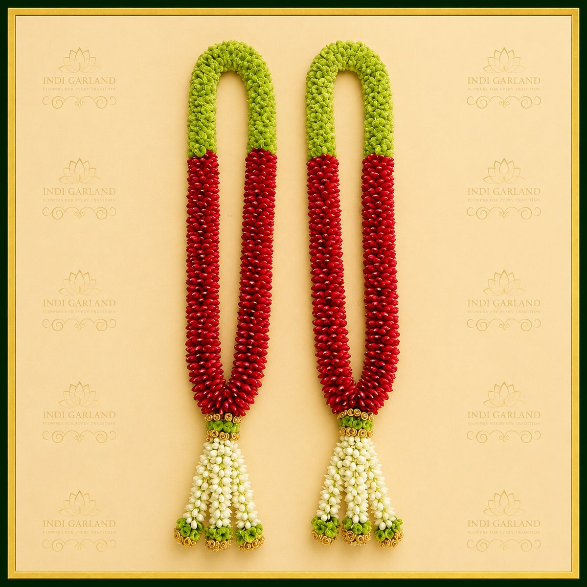 Saanvi Garland – Set of 2 Red Rose Petals, Green Button Flowers & White Tuberose Designer Luxury Fresh Flower Wedding Garlands