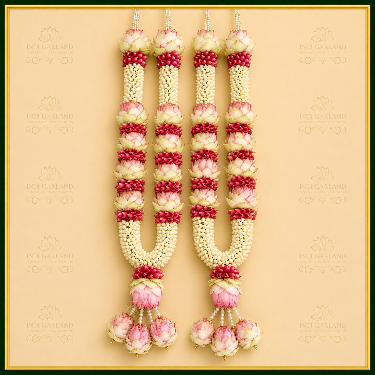 Anvika Garland – Set of 2 Pink Lotus, Kolkatta Jasmine & Red Rose Petals Designer Luxury Fresh Flower Wedding Garlands