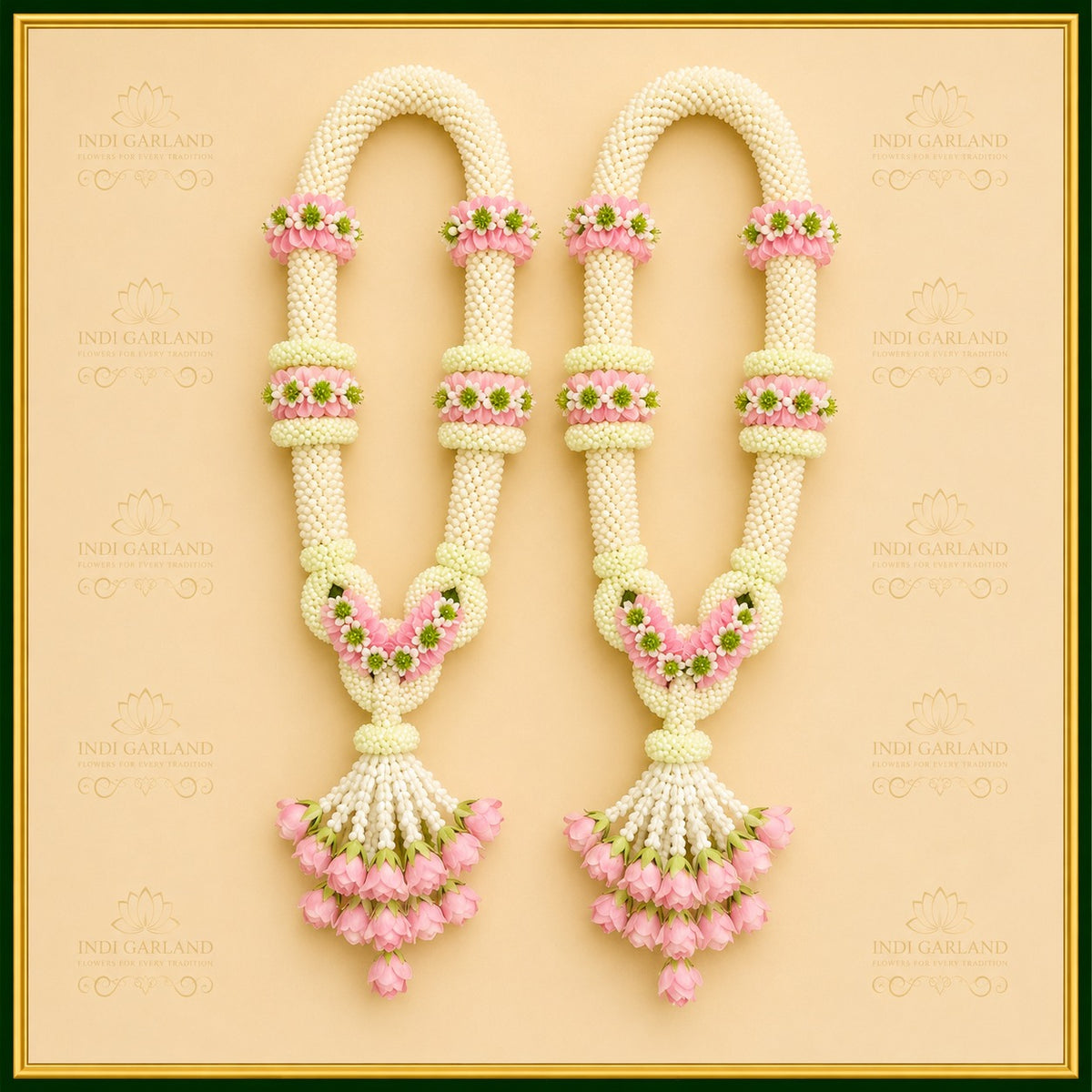Aarohi Garland – Set of 2 Kolkatta Jasmine, Green Button Flowers & Light Pink Rose Designer Luxury Fresh Flower Wedding Garlands