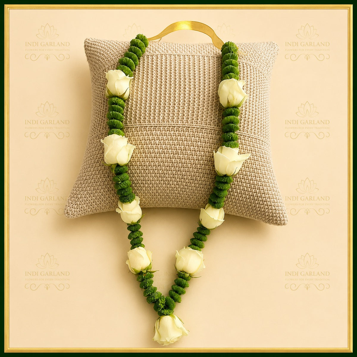 Vasudha Garland – Set of 2 Green Button Chrysanthemums & White Rose Designer Luxury Fresh Flower Wedding Garlands