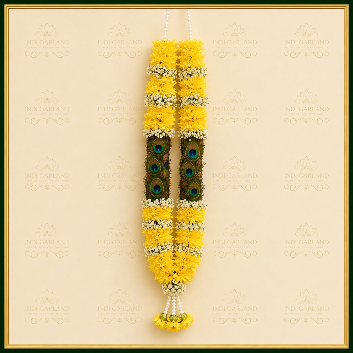 Mayura Garland – Set of 2 Yellow Chrysanthemum, Gypsophila & Peacock Feather Designer Luxury Fresh Flower Wedding Garlands
