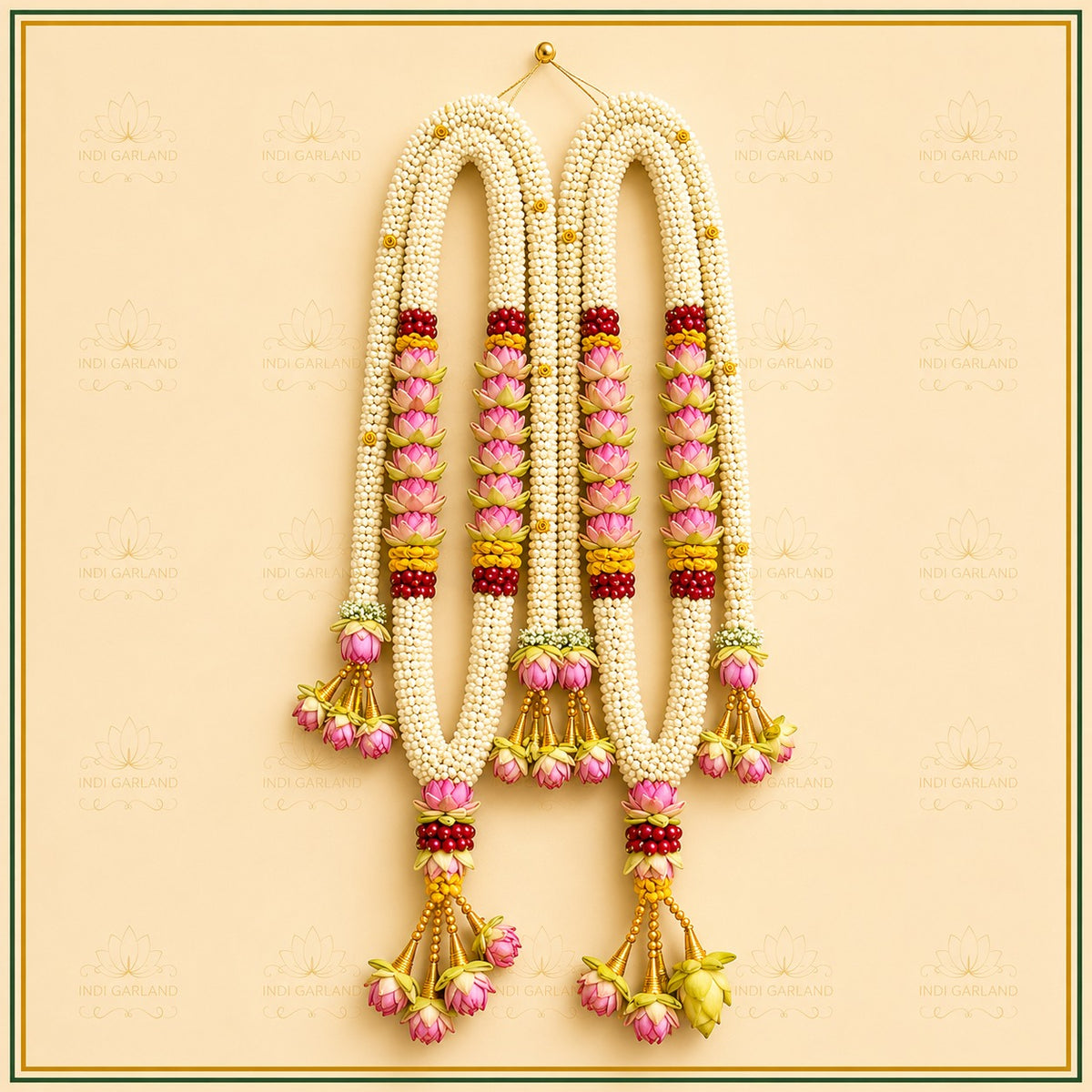 Padmalaya Garland – Lotus, Kolkatta Jasmine & Purple Rudrakshi Open Designer Luxury Garland Set of 2