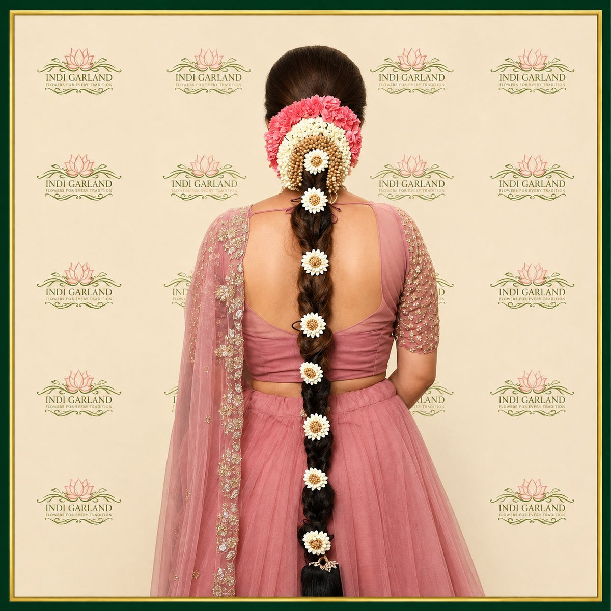 Gulbadan Veni – Kolkata Jasmine Layered Kajra & Pink-Gold Designer Floral Braid
