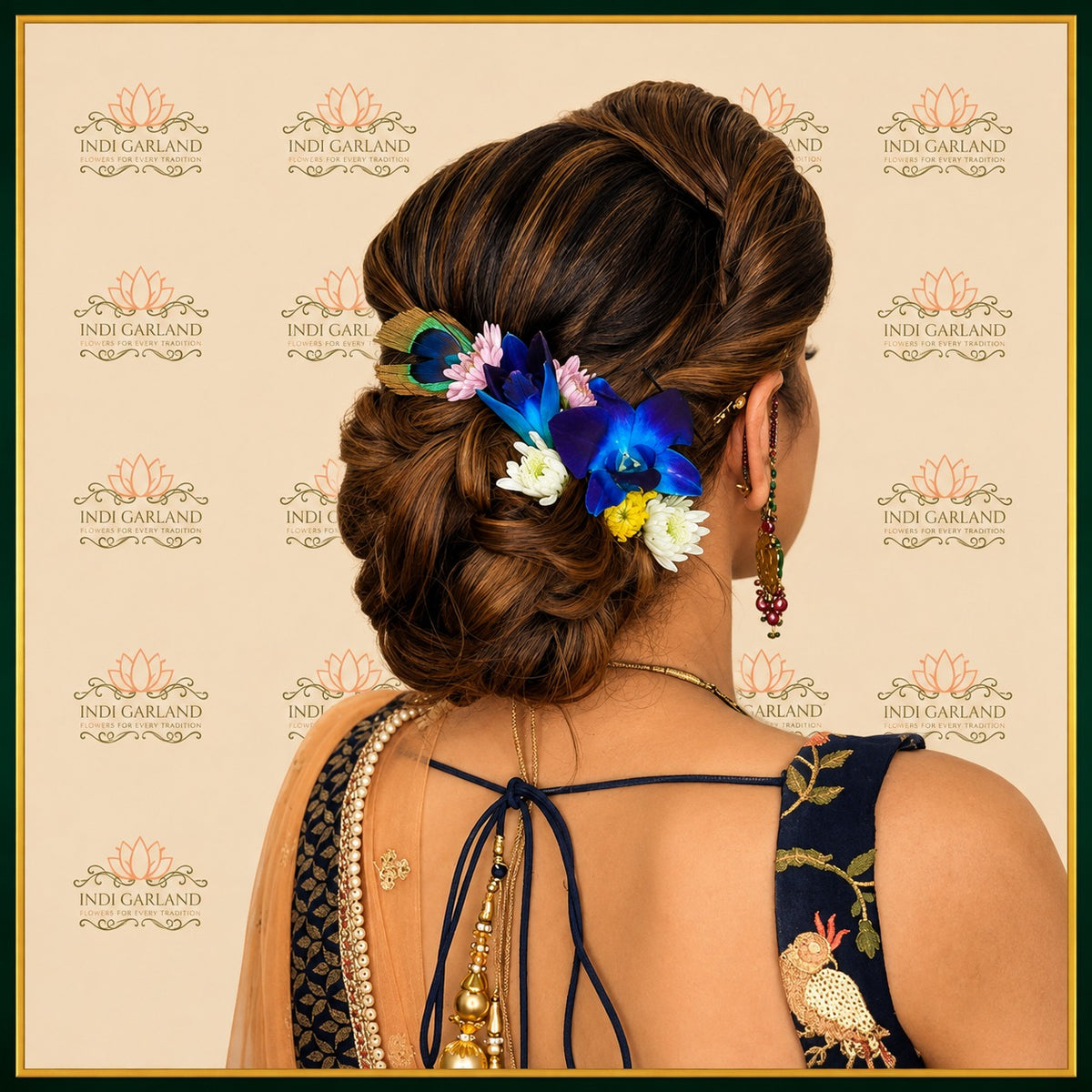 Neel Gul Orchid Shringar – Purple & White Orchid Floral Bun Arrangement with Peacock Feather Accent