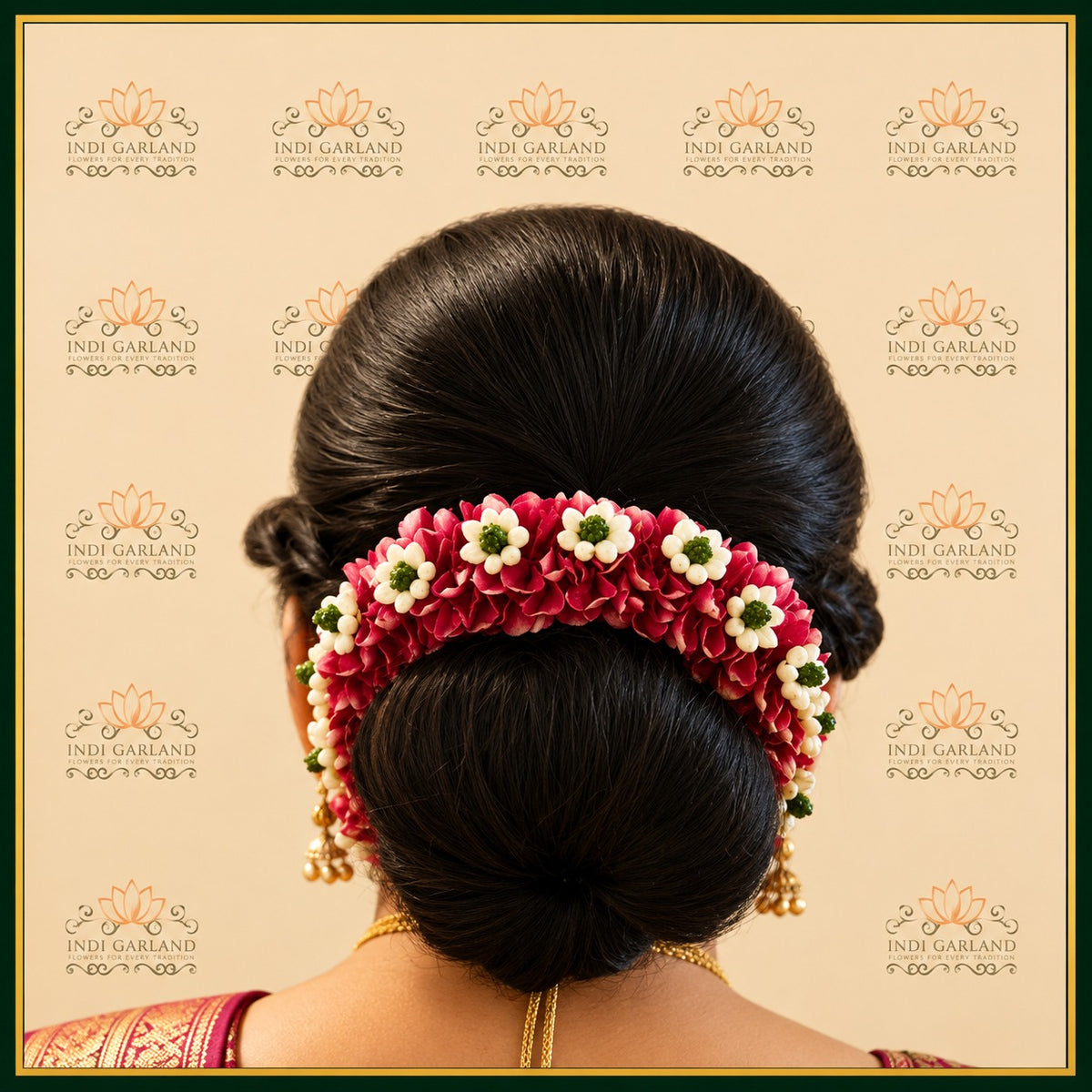 Gulshan Jaal – Red Rose Petals & White Designer Dots Floral Bun Arrangement