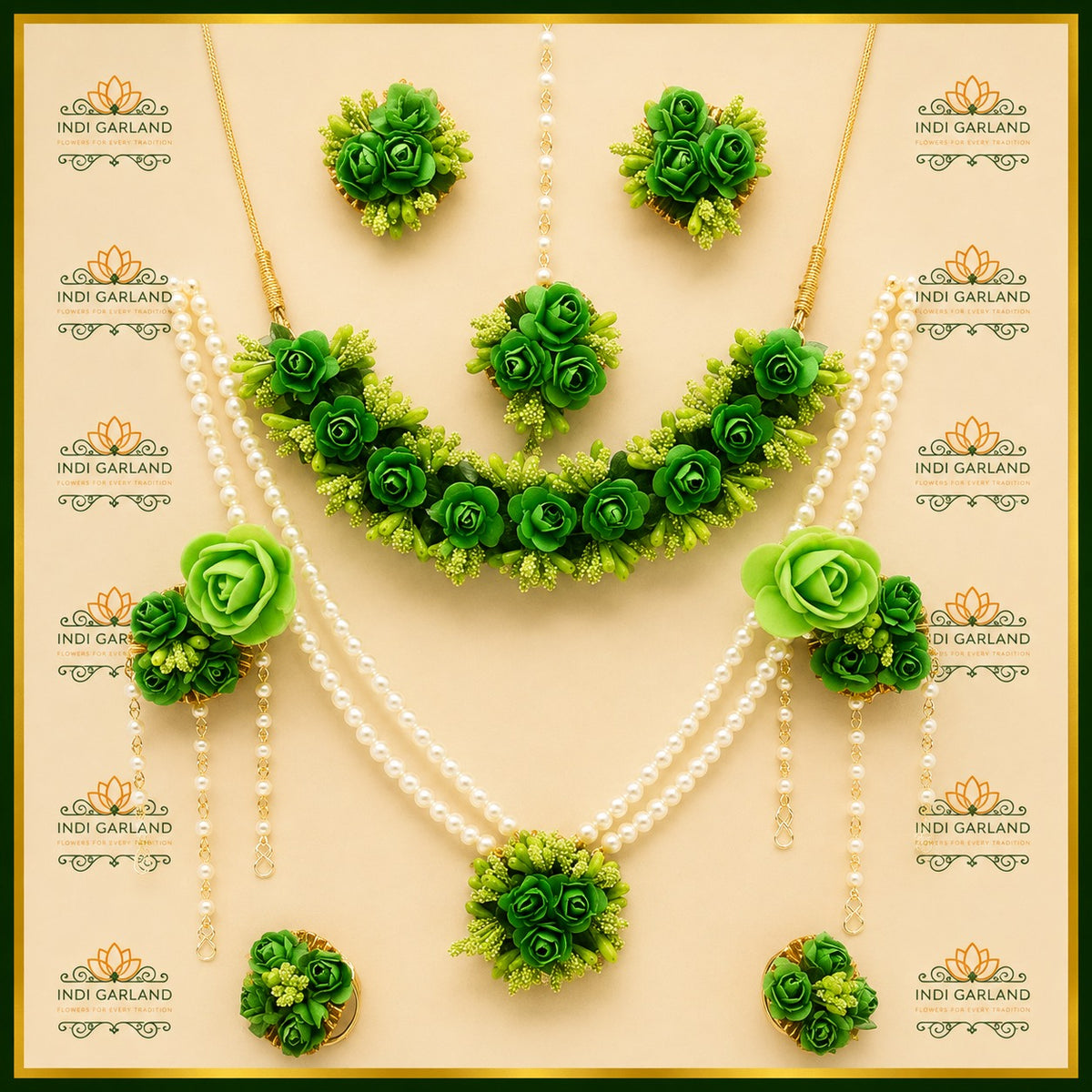 Emerald Verdure – Green Button Chrysanthemum & Gypso Floral Jewellery Set
