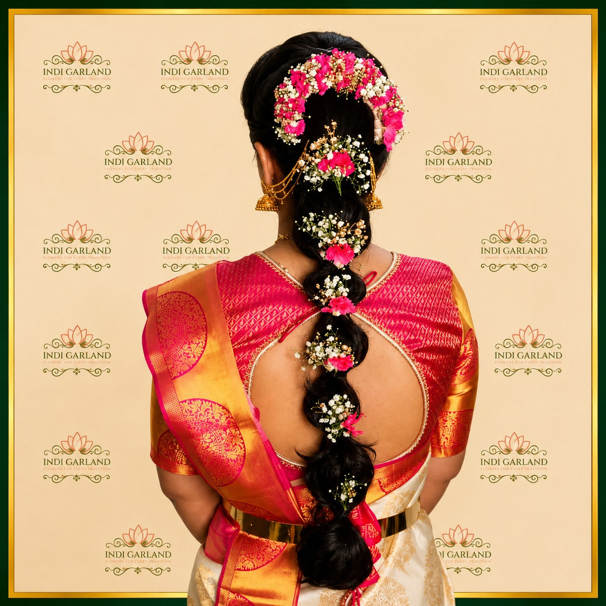Kashika Braid Symphony – Dark Pink Carnation & Gypso Floral Hair Arrangement