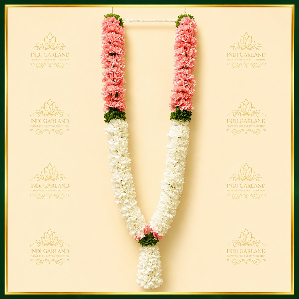 Aarohi Pushpa Mala – Set of 2 Light Pink & White Carnation Garlands with Green Paneer Leaves