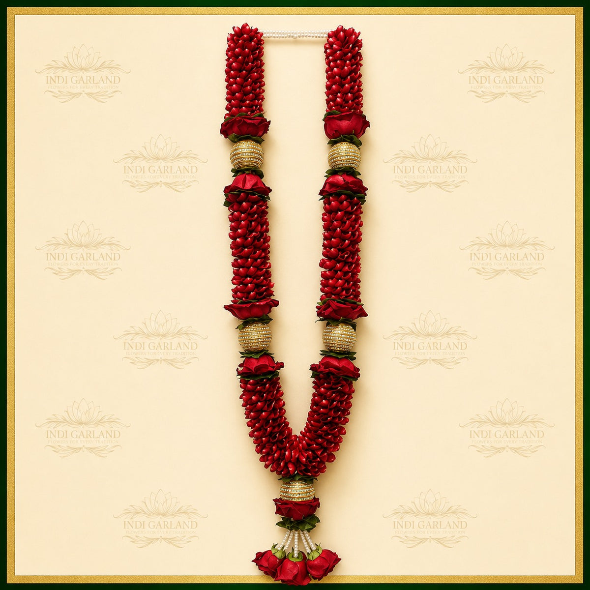 Gulshan Noor Mala – Set of 2 Red Rose Petal & Diamond Ball Fresh Floral Garlands