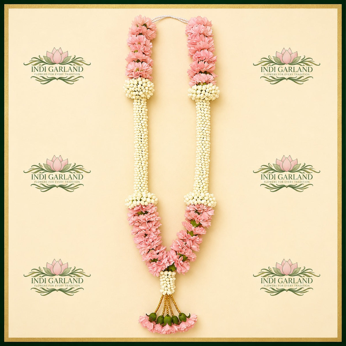 Meher Mallige Garland – Pink Carnation & Kolkata Jasmine Designer Luxury Fresh Floral Garland