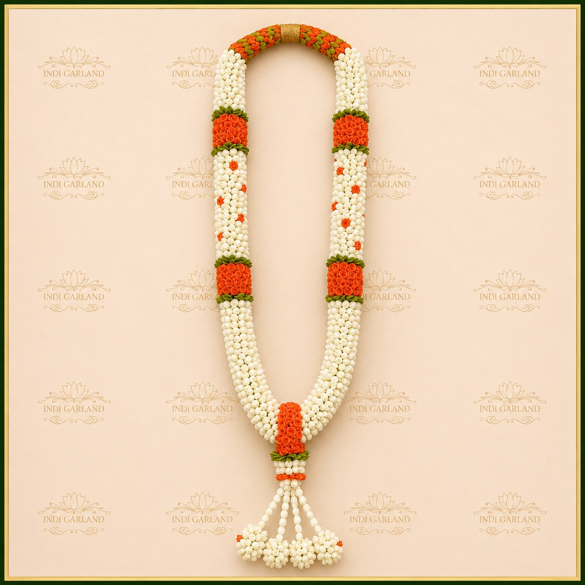 Kaveri Garland – Kolkata Jasmine, Orange Rose Petals & Red Dot Designer Luxury Garland Set