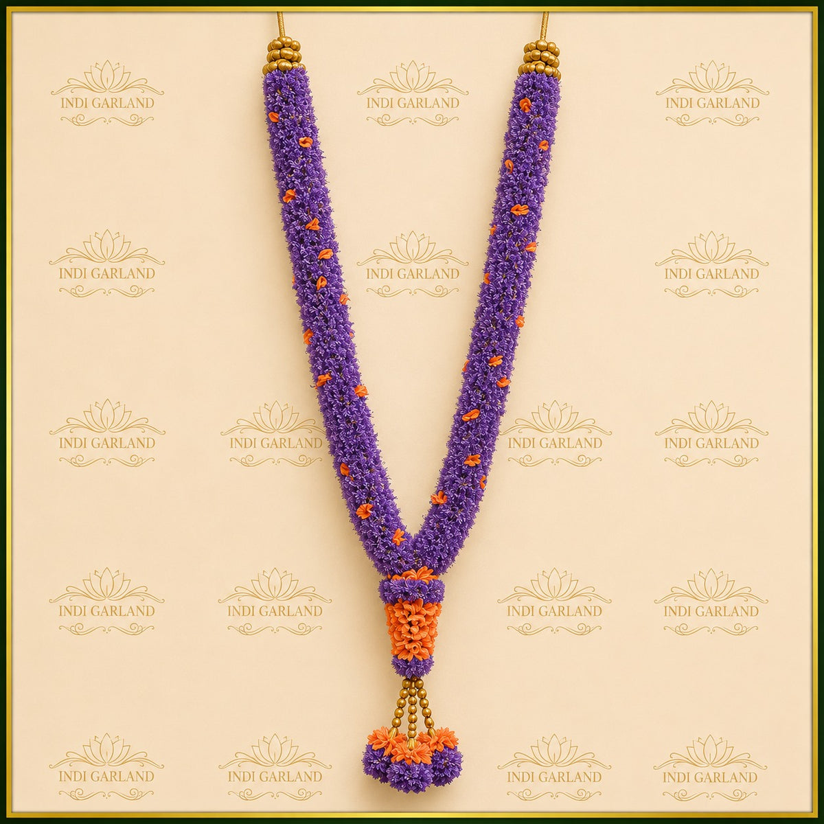 Meenakshi Garland – Blue Daisy, Orange Rose Petals & Golden Tissue Luxury Designer Garland Set