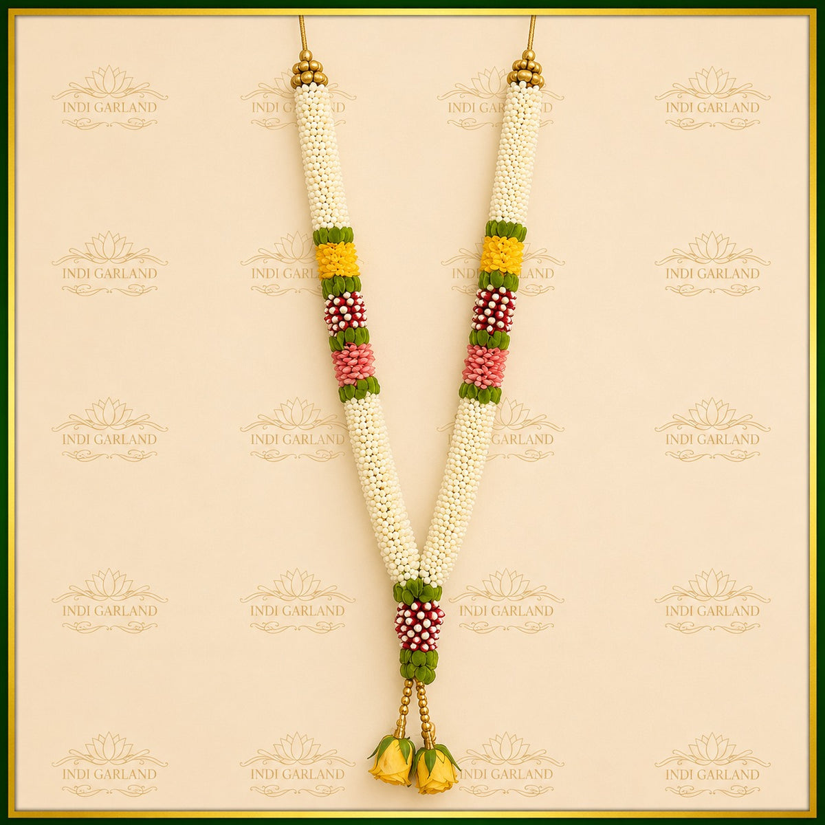 Vaidehi Garland – Kolkata Jasmine, Yellow & Dark Pink Rose Petals with Green Button Chrysanthemum Designer Luxury Garland Set