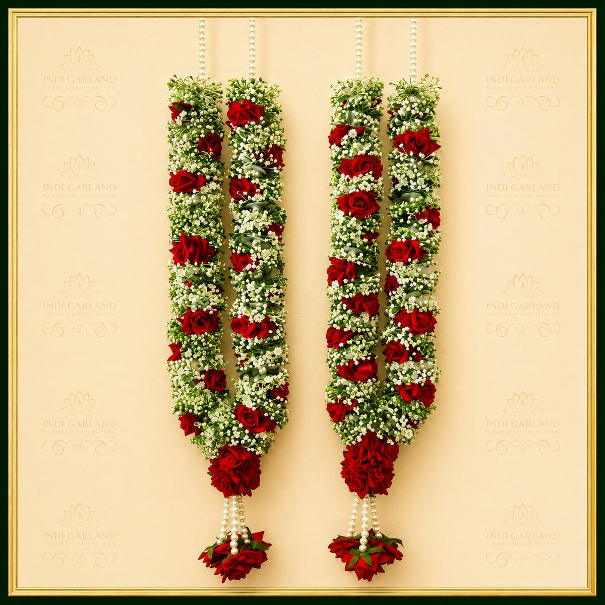 Aarohi Garland – Set of 2 Red Rose & Gypsophila Designer Luxury Fresh Flower Wedding Garlands