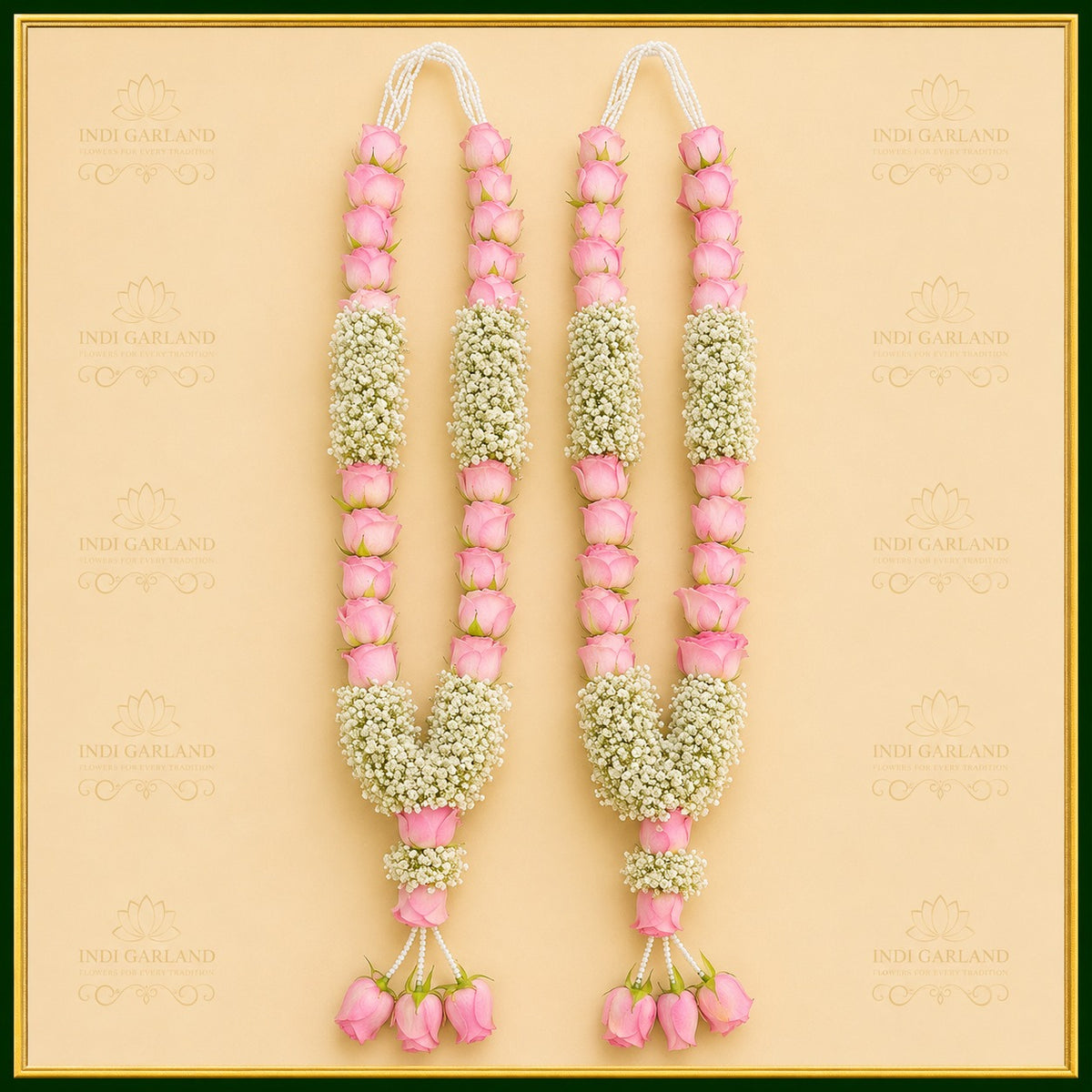 Ishani Garland – Set of 2 Deep Pink Rose & Gypsophila Designer Luxury Fresh Flower Wedding Garlands