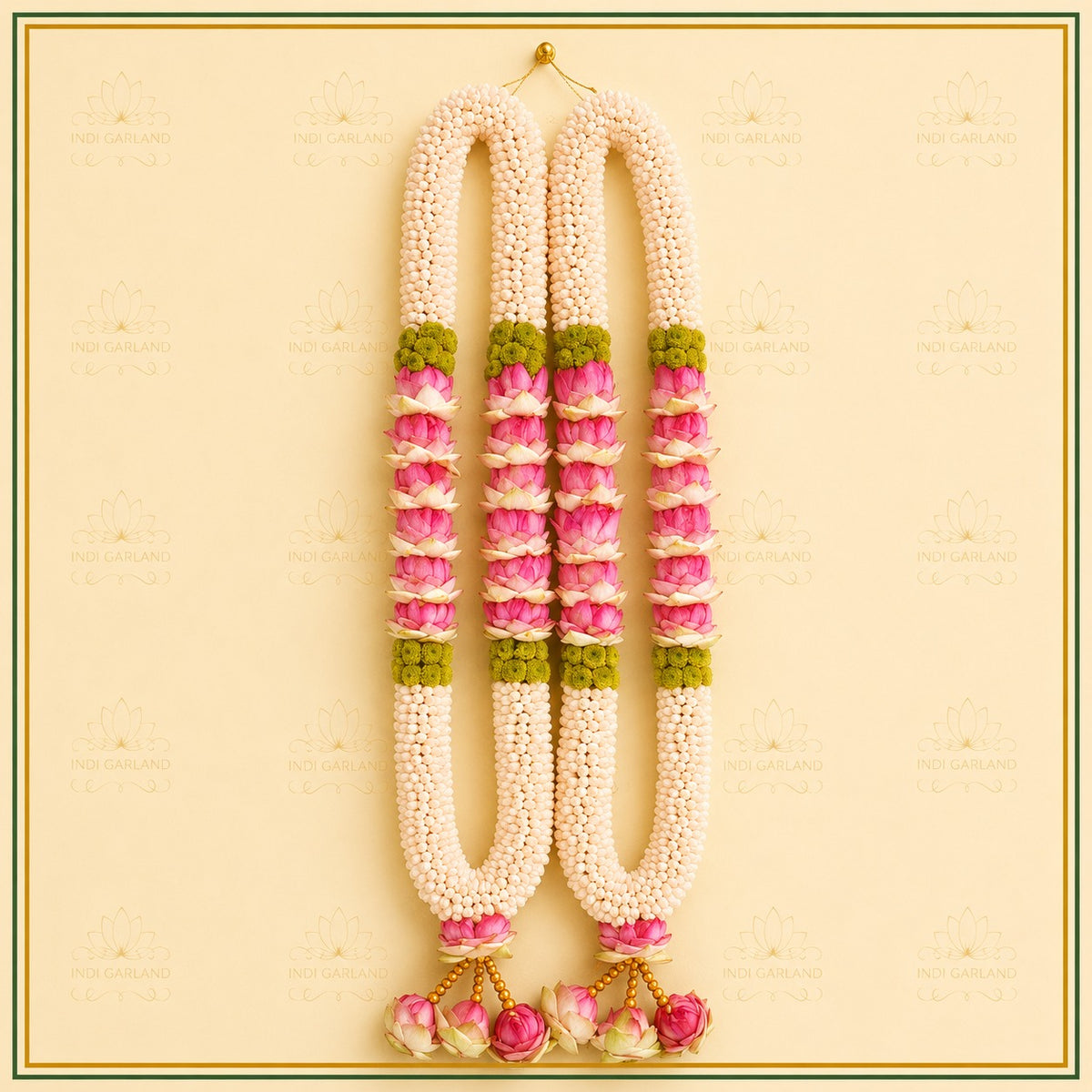 Sharvani Garland – Kolkatta Jasmine, Green Button Chrysanthemum & Lotus Special Folding Design Set of 2